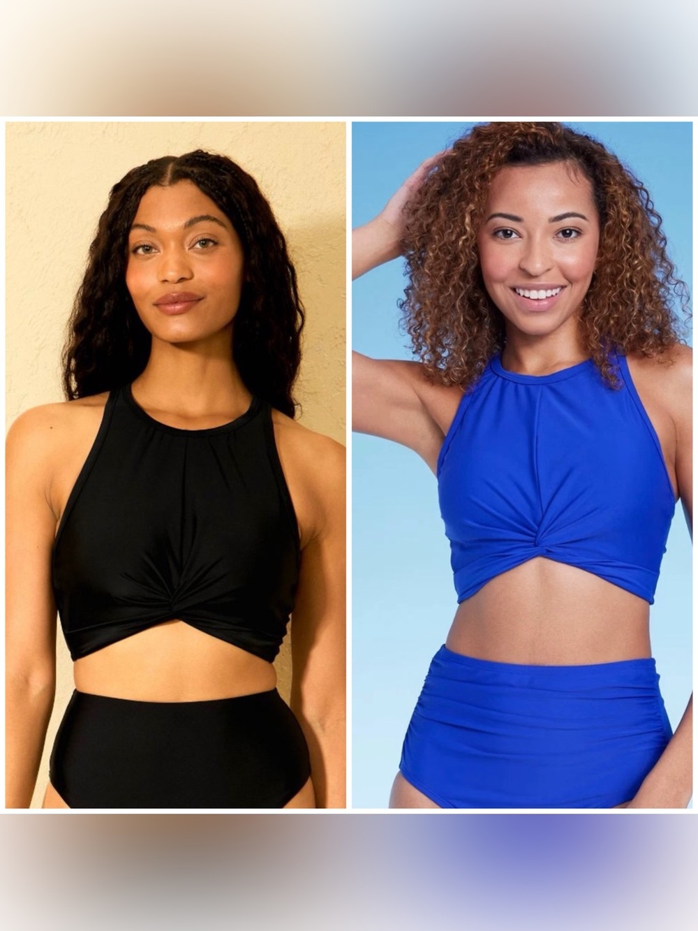 Twist Front High Neck Swim Top - Black & Royal Blue